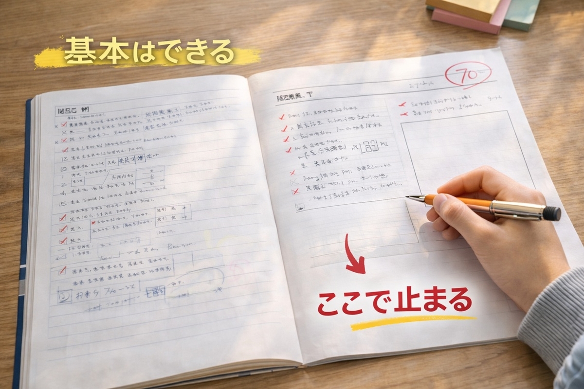 基本問題は解けているが応用問題で手が止まっている机上のイメージ