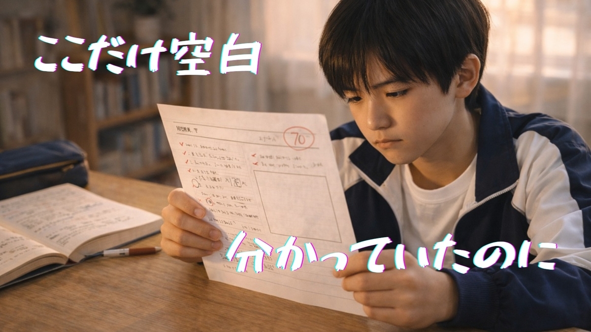 テスト後に応用問題だけ空白の答案を見つめる中学生のイメージ