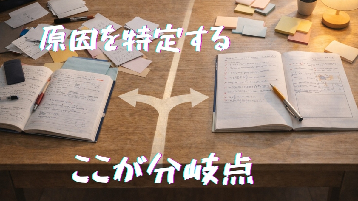 原因を特定するかどうかで学習の方向が分かれることを表した分岐イメージ