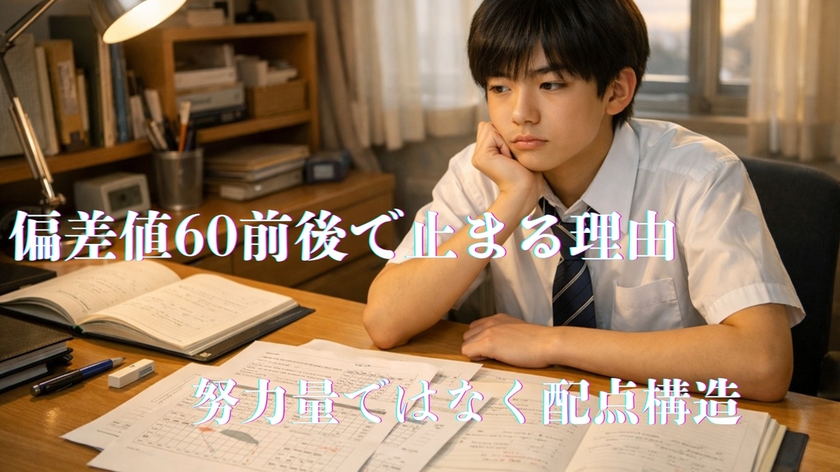 難関高校を目指す中学生が模試結果と答案を前に考え込む学習机の様子
