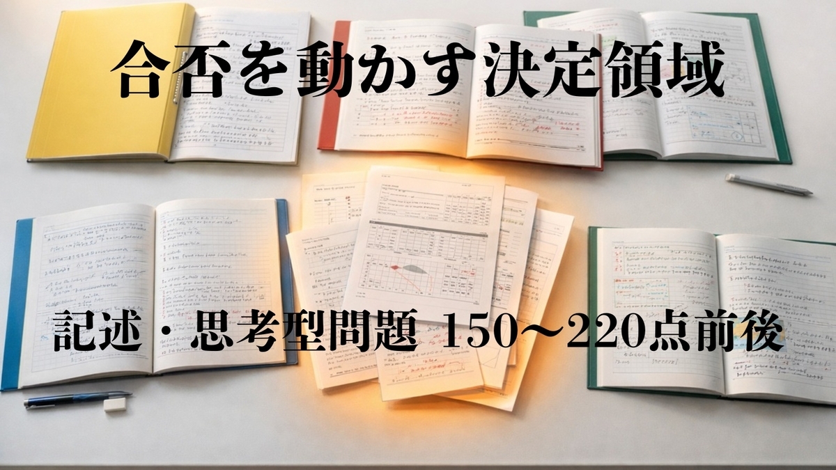 5教科の教材の中で記述問題の資料が重点領域として目立つ学習机の構図