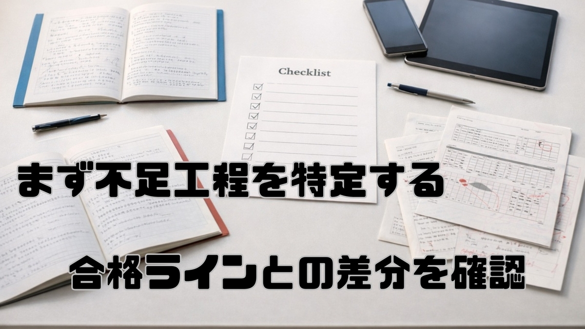 答案やチェックリストを整理しながら次の対策を確認する学習机の様子