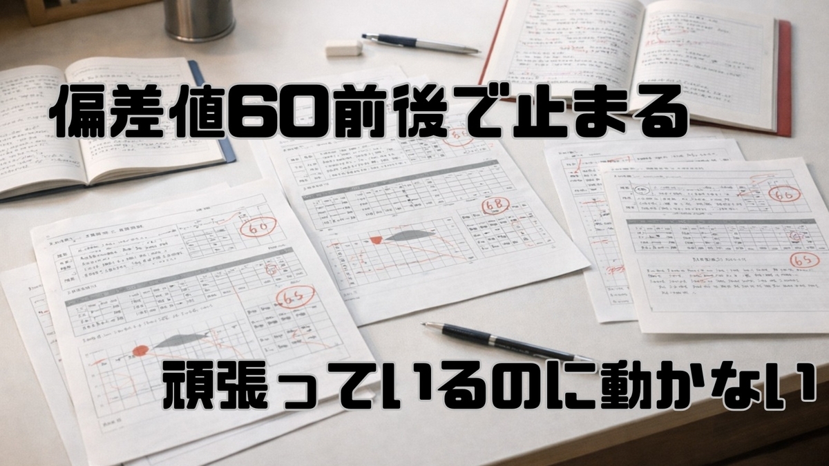 悪くない成績が続いているのに伸び切らない中学生の模試結果と答案の机上風景