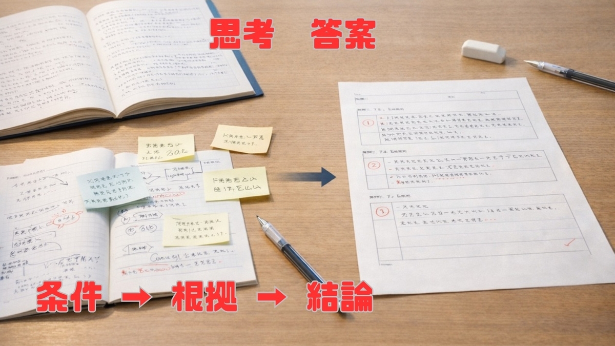 思考の整理前後と答案の組み立てをイメージした学習机の写真風図解