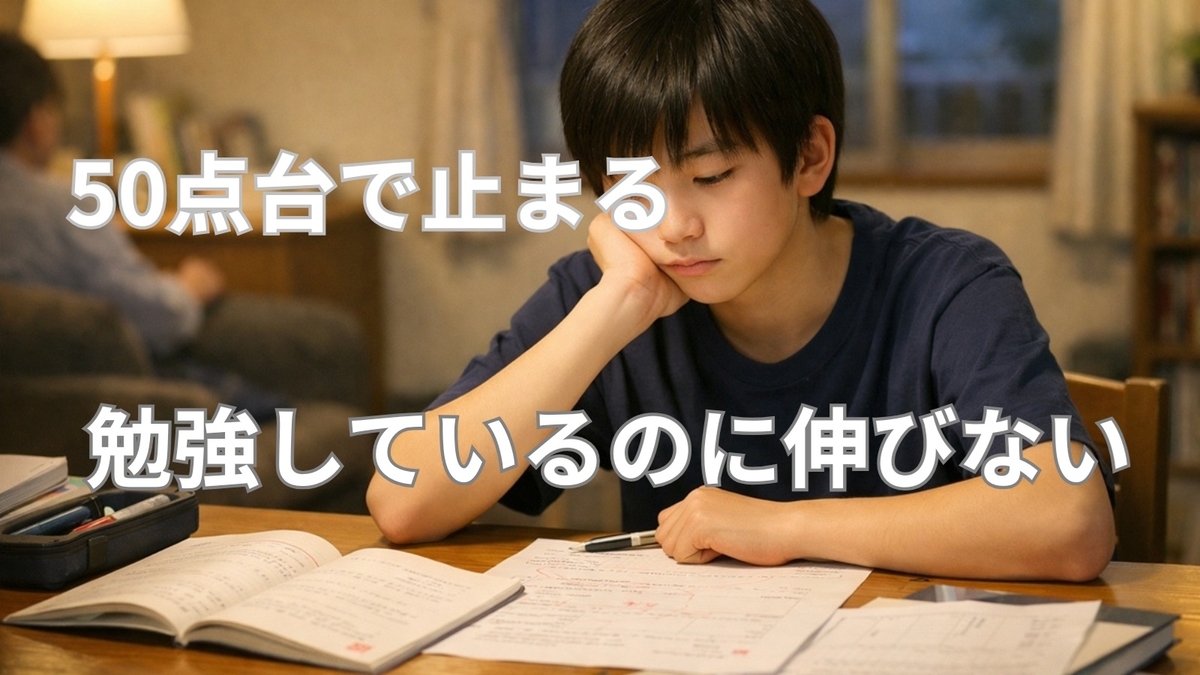 中学生が家庭学習を続けているのに定期テストの点数が伸び悩んでいるイメージ