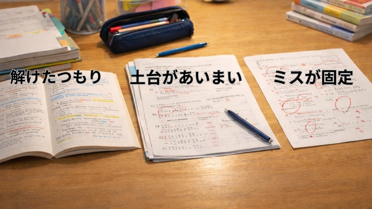 中学生の得点が伸びにくい三つの止まり方を表した学習机のイメージ