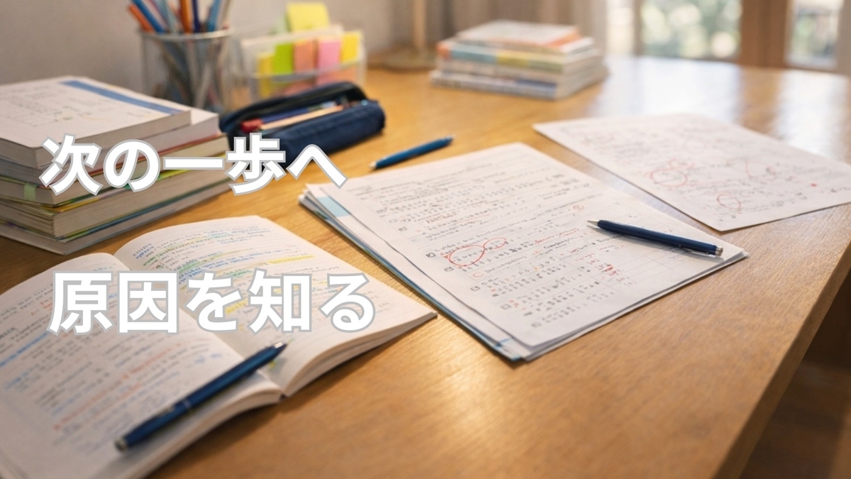次の学習ステップへ進む必要性を感じさせる中学生の学習机のイメージ