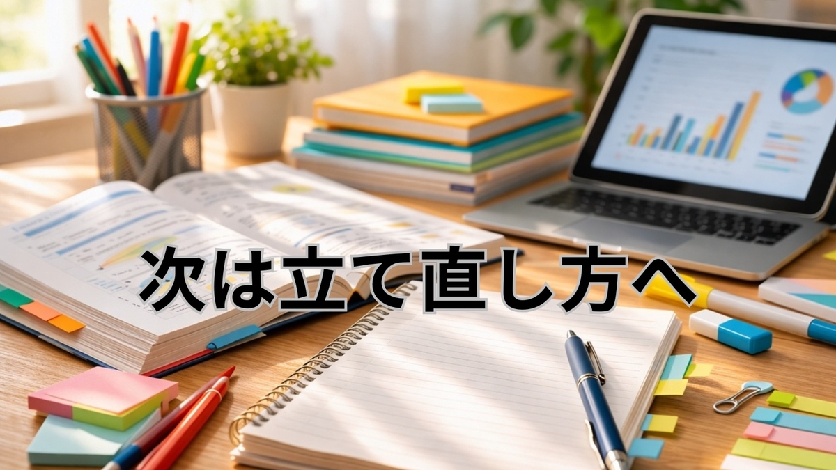 学び直しに向けて次の一歩を示す学習机のイメージ