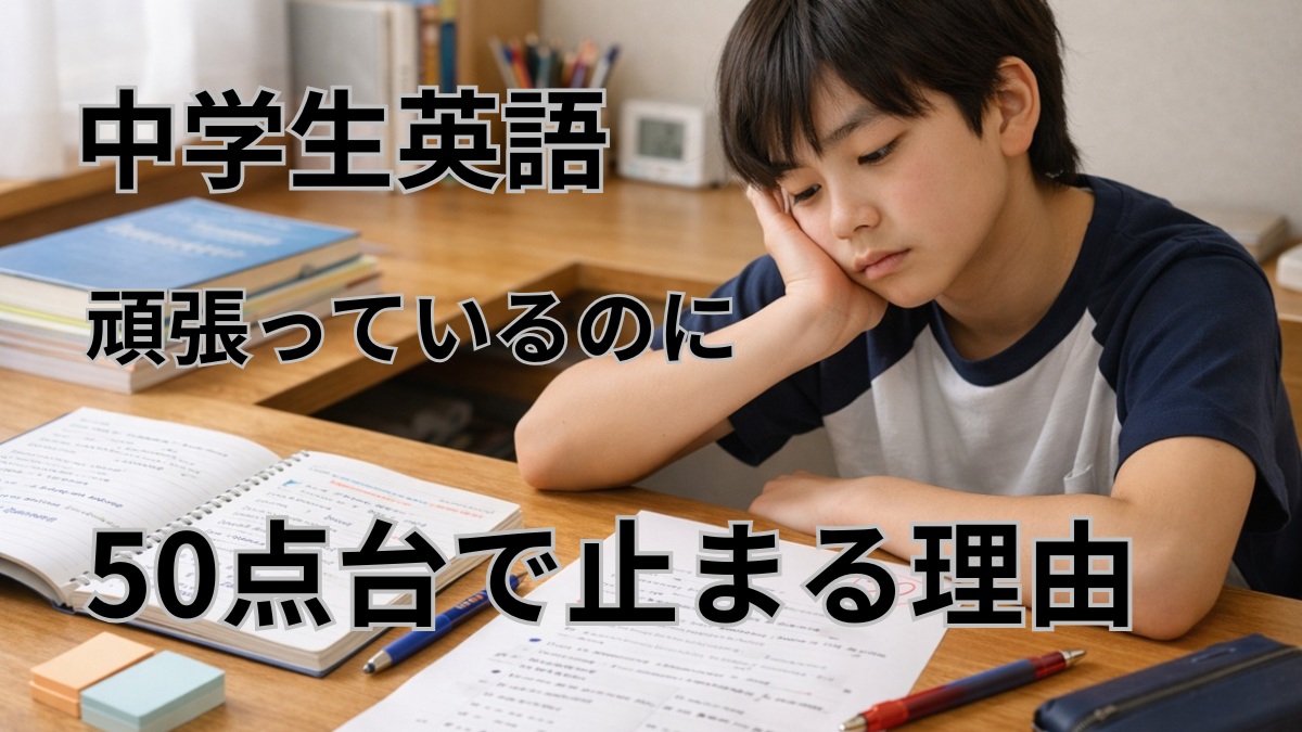 英語を勉強しているのに50点台で伸び悩む中学生のイメージ