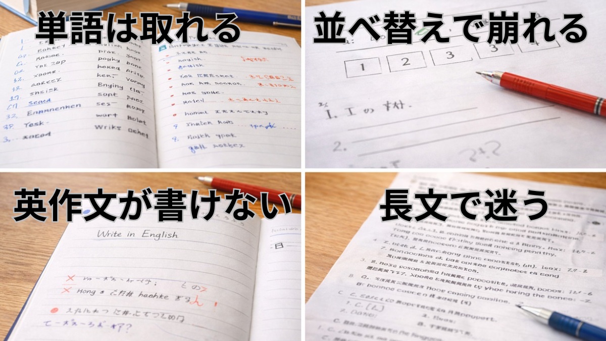 単語はできるのに並べ替えや英作文や長文で崩れる中学生英語の共通症状イメージ