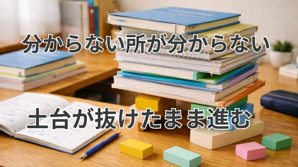 英語学習の土台が抜けたまま積み上がらない状態を表すイメージ