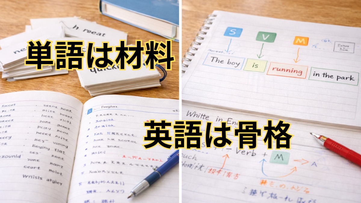 単語暗記だけでは英文を組み立てられないことを表す比較イメージ
