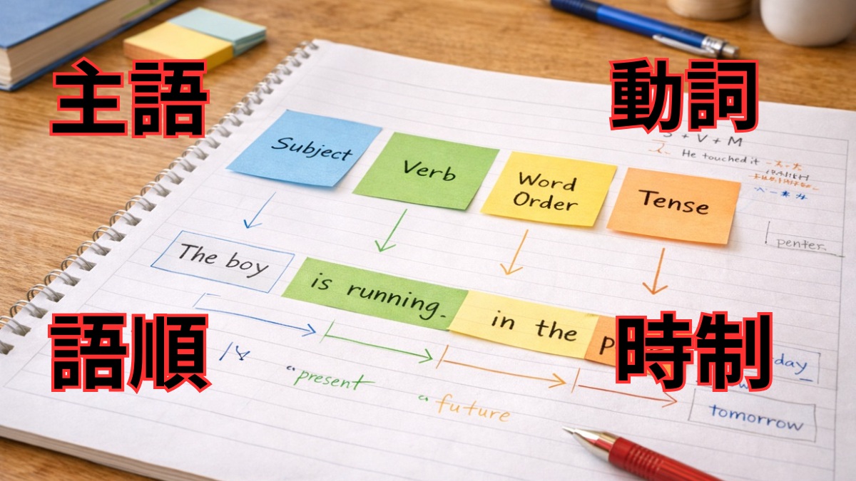 英文の骨格である主語動詞語順時制を整理して学ぶイメージ
