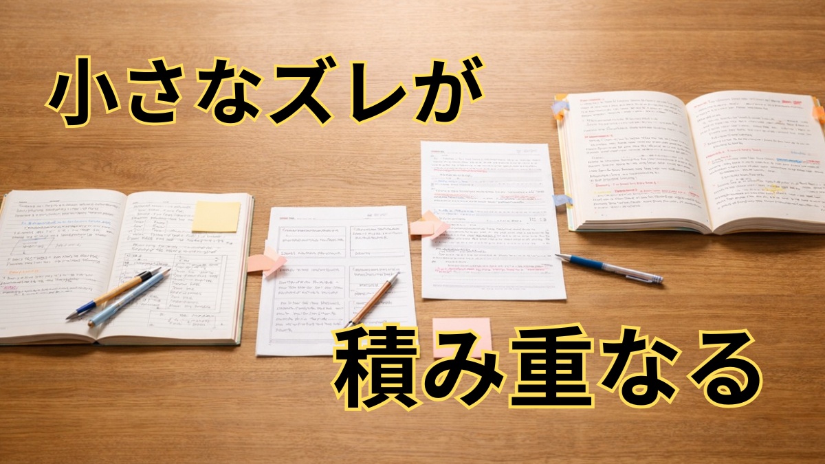 学習の流れの中に小さなズレが残っていることを表す机上イメージ