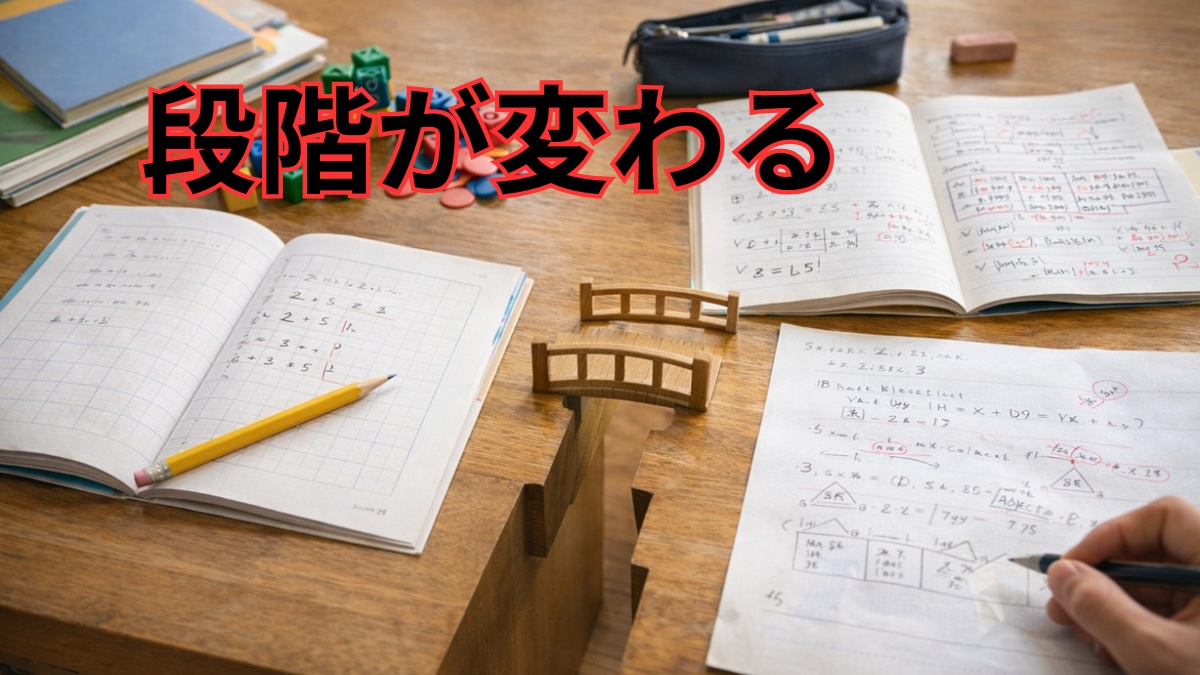 小学校の具体学習から中学校の抽象学習へ変わるイメージ
