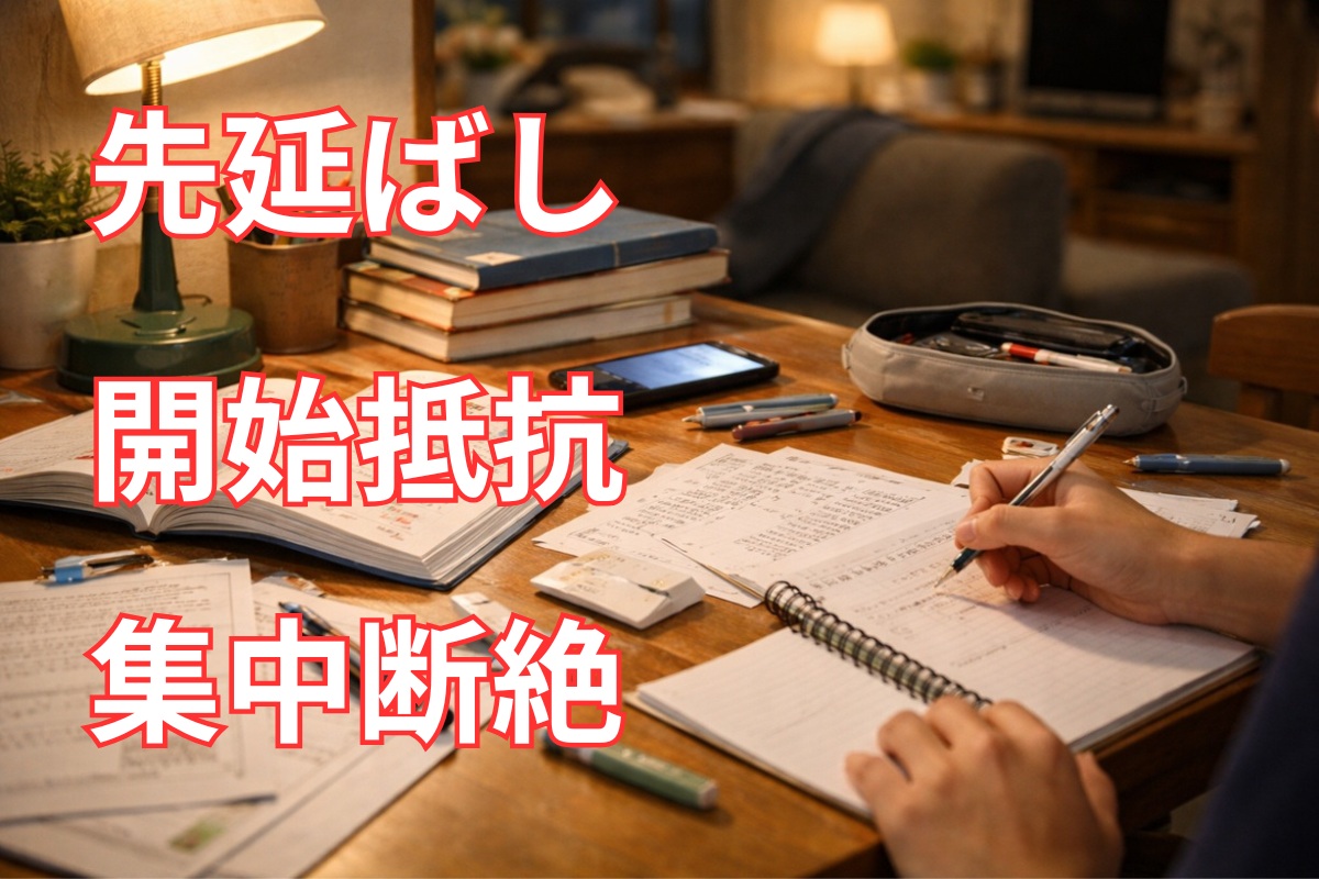 中学生の家庭学習机に教材とスマホが混在し、勉強が中断しやすい状態を表したイメージ