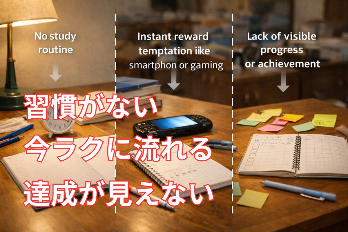 勉強が続かない理由を習慣不足・誘惑・達成感不足の3つで表した実写風イメージ