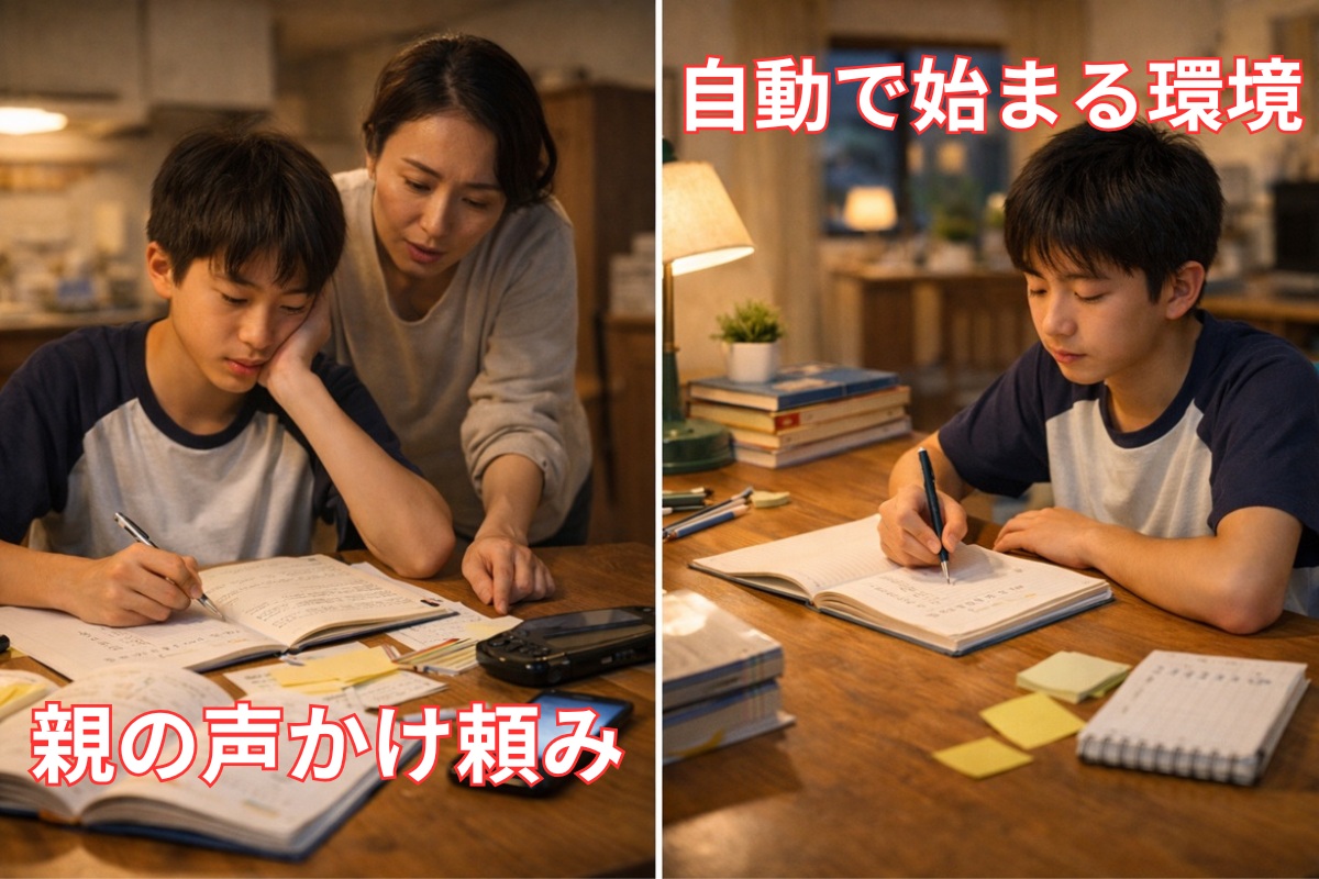 親の声かけ頼みの家庭学習と、自分から始めやすい整った学習環境を比較したイメージ