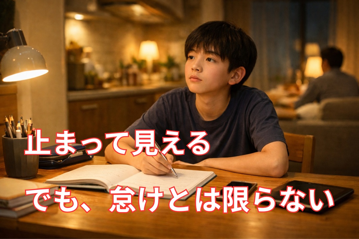 家で机に向かっているが勉強の手が止まっている中学生の様子