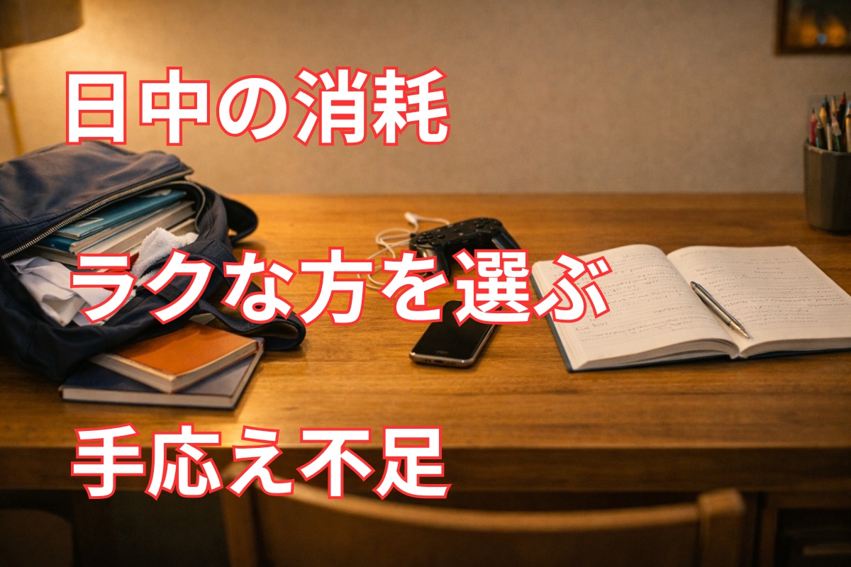 中学生が家で動きにくくなる3つの背景を机上の学習道具で表現した実写風イメージ
