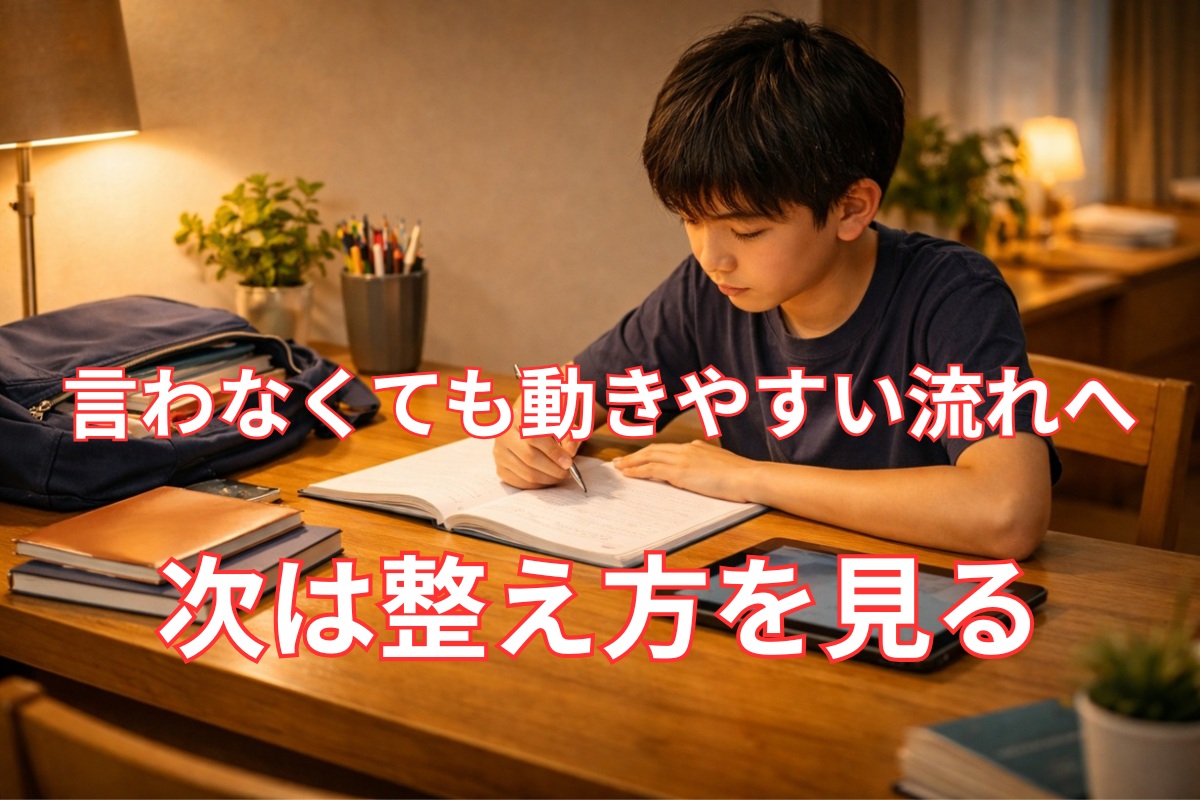整った家庭学習環境で中学生が自然に勉強を始めている前向きな様子