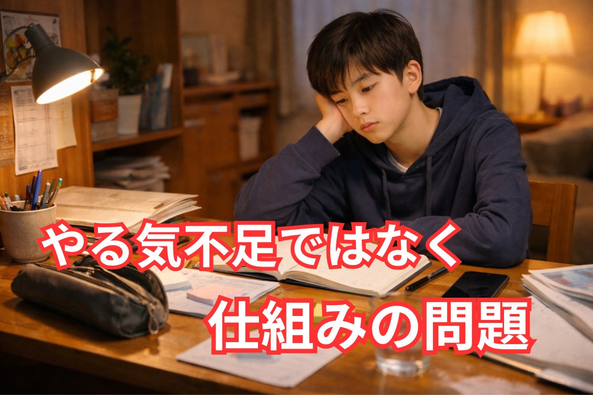 勉強に取りかかれず止まっている中学生と整っていない家庭学習環境