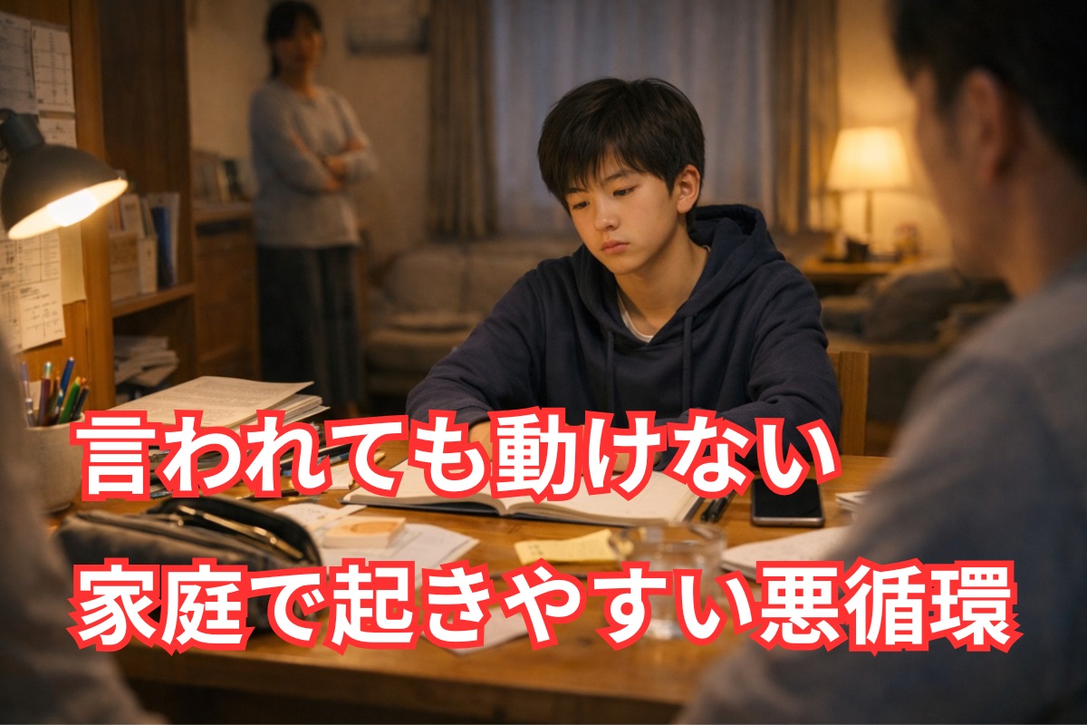 親の声かけが続く中で勉強が止まってしまう中学生の家庭風景