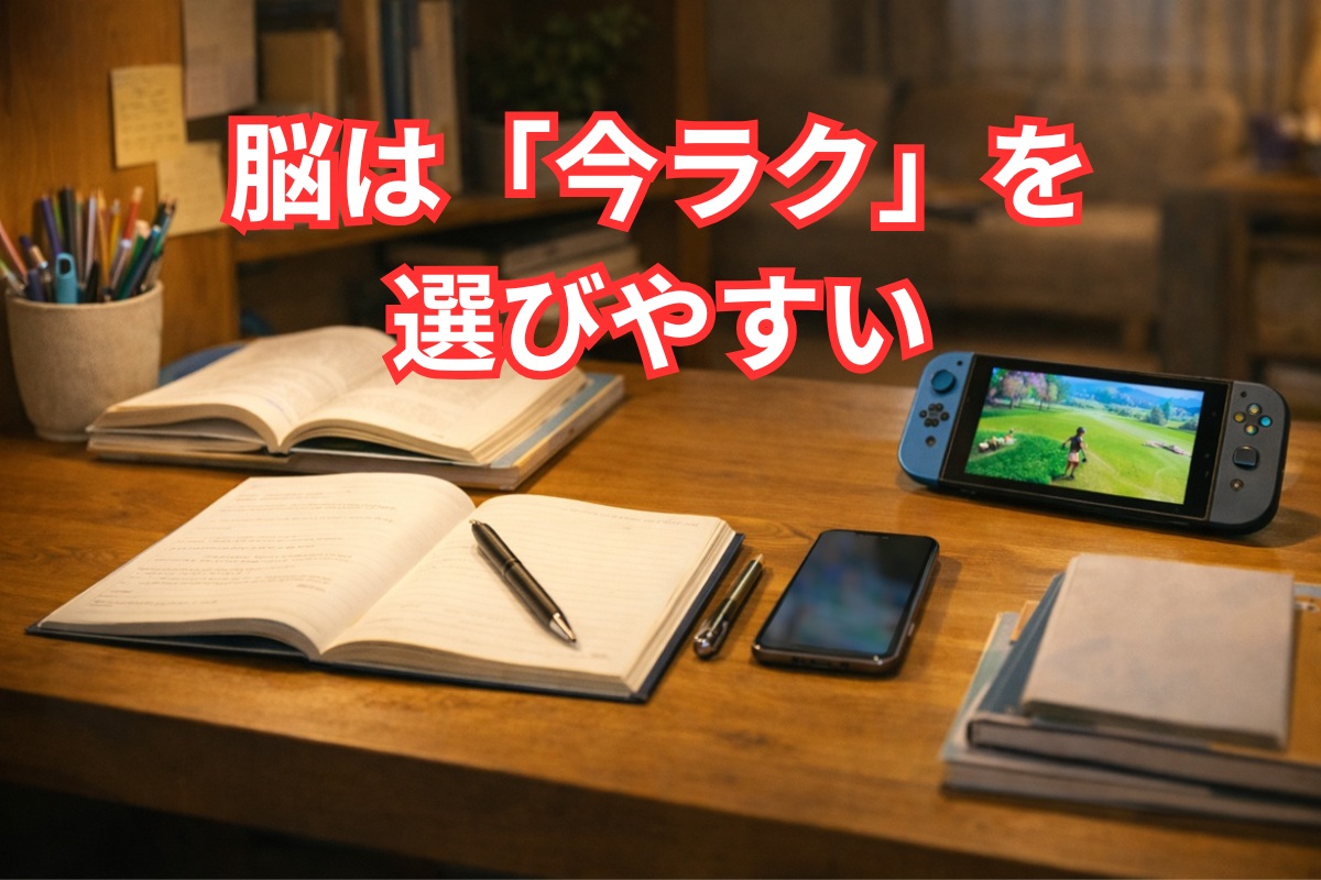 勉強道具とスマホやゲームが並ぶ中学生の机上風景