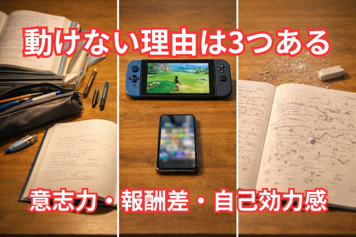 勉強が進まない3つの要因を連想させる机上の実写イメージ