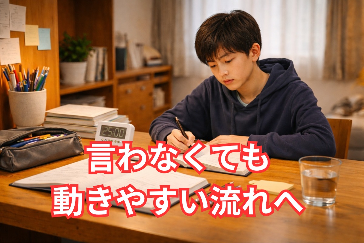 自然に学習を始めている中学生の明るい家庭学習風景
