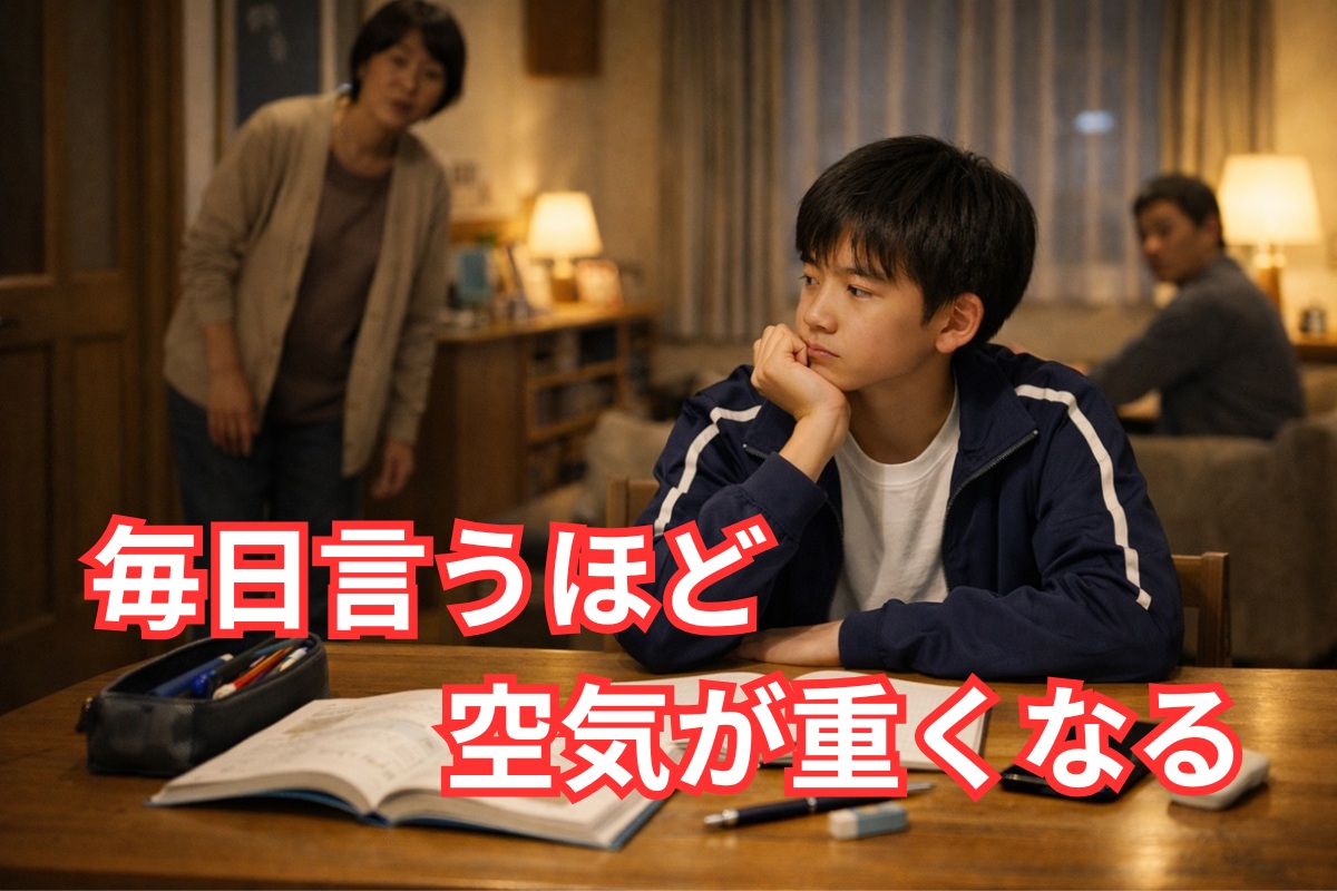 親が声をかけても中学生が勉強を始められず家庭の空気が重くなっている様子