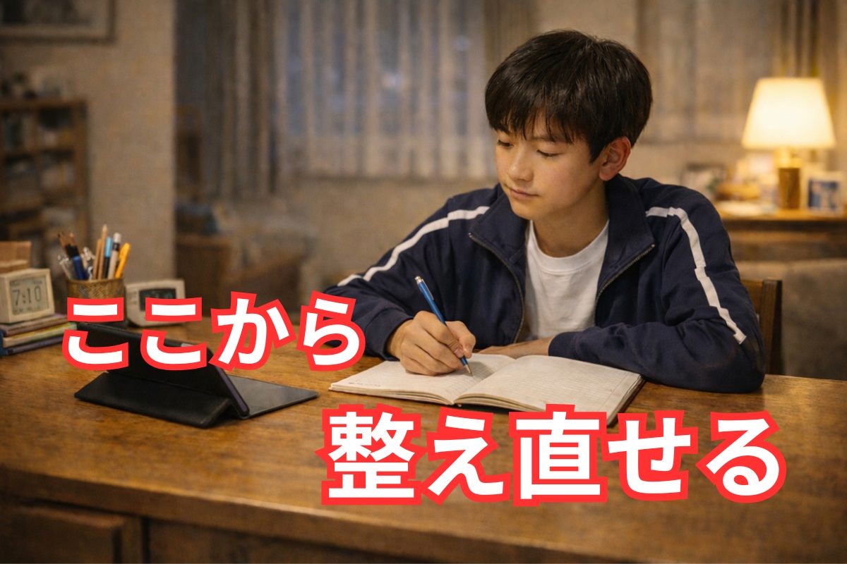 整った家庭学習環境で中学生が自然に勉強を始めている様子