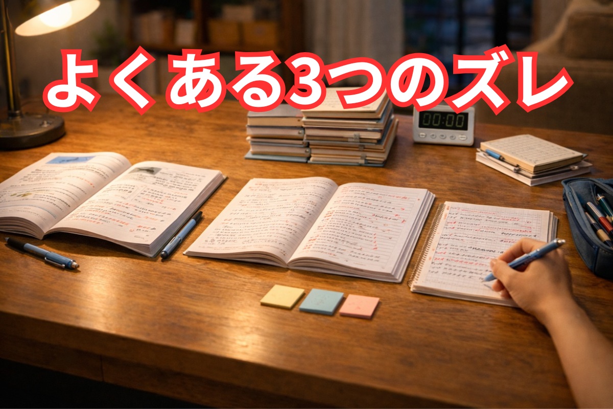 解説理解、問題数中心、復習不足という3つのズレを連想させる実写風の学習机
