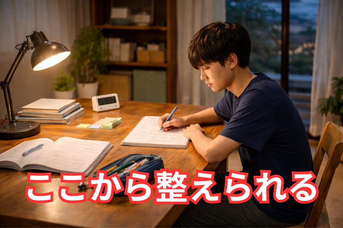 言わなくても学習を始めやすい整った家庭学習環境で中学生が机に向かう様子