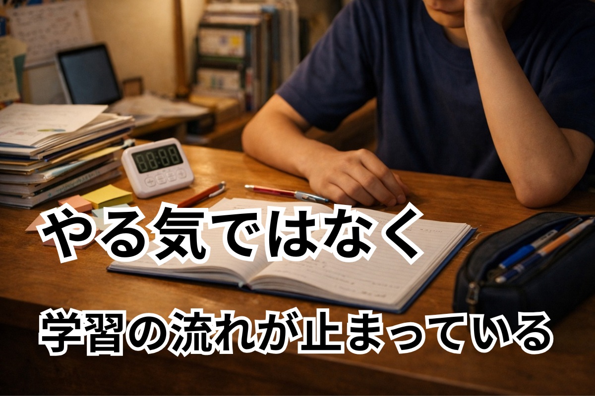教材はそろっているが学習の流れが止まっている中学生の机の様子