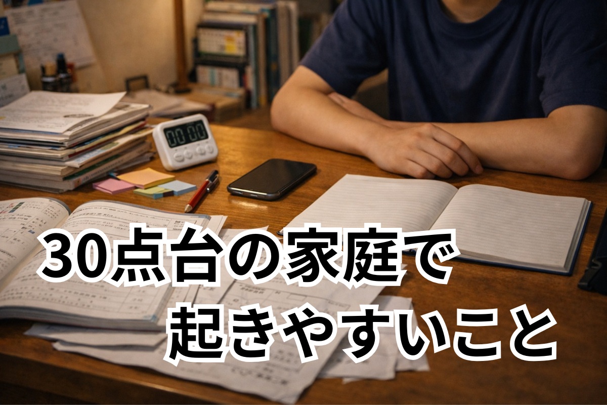 手つかずのノートや提出物、スマホが並ぶ中学生の停滞した学習机