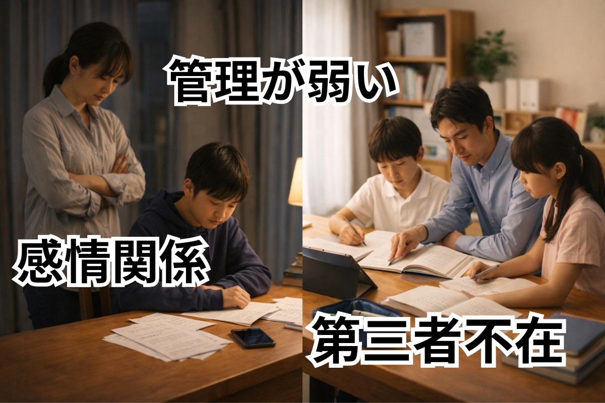 親子だけの学習管理と第三者が入る学習環境の違いを示すイメージ