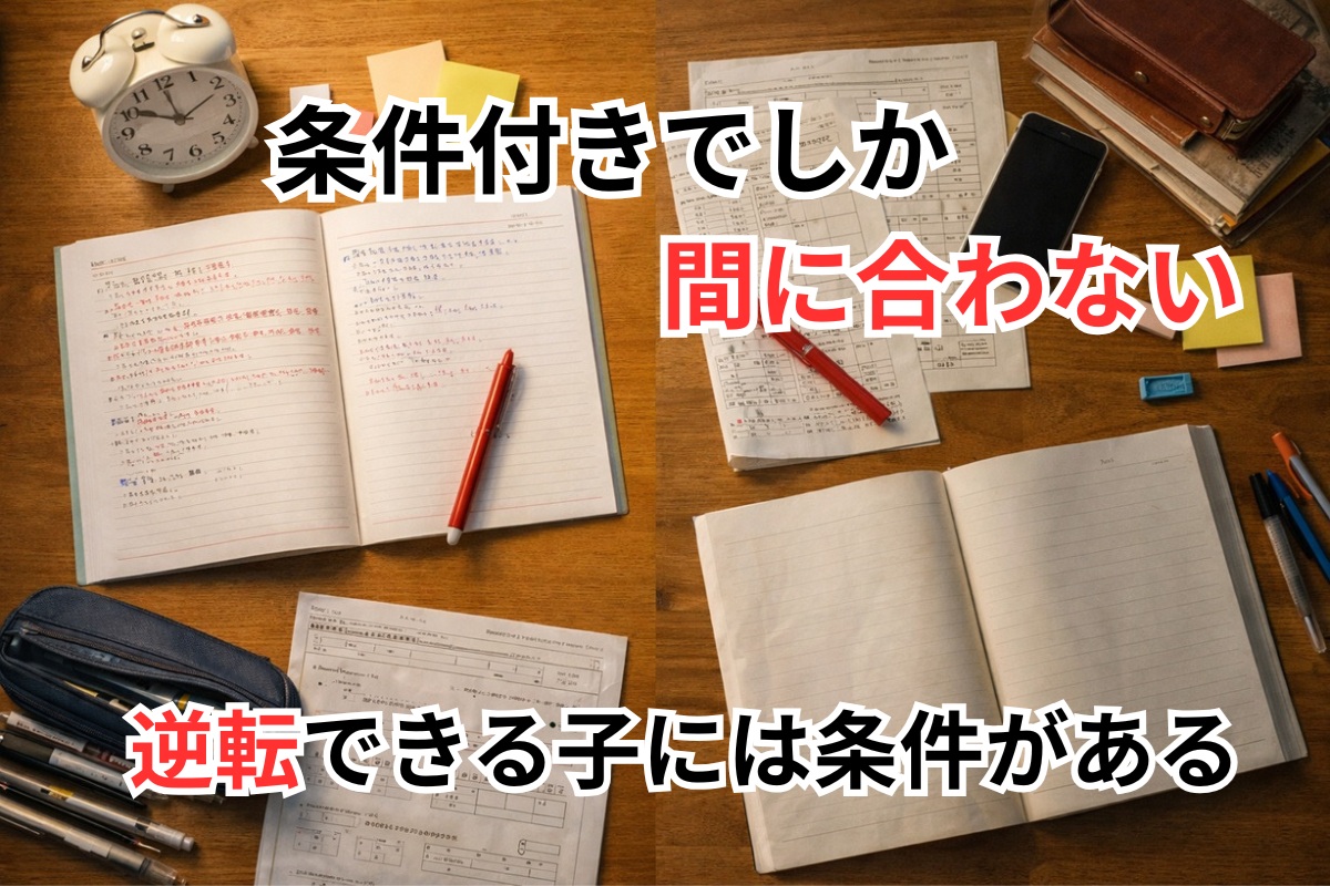 受験勉強が進む場合と止まる場合の違いを感じさせる中学生の学習机