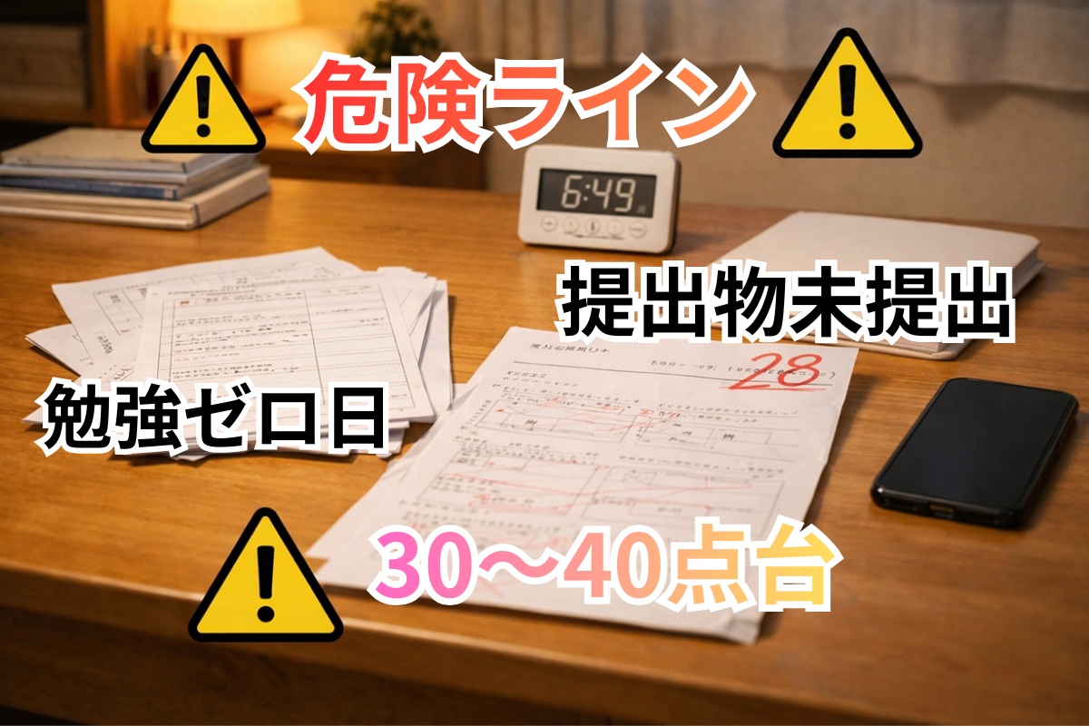 勉強ゼロ日や未提出が続く危険ラインを表した学習机