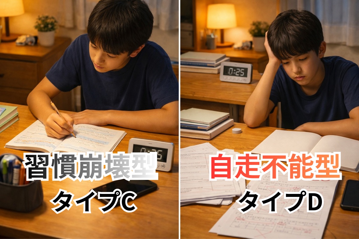 習慣崩壊型と自走不能型の違いを表した比較イメージ