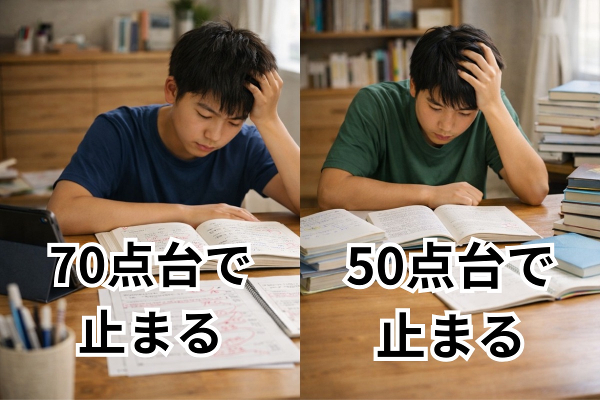 70点台で止まる場合と50点台で止まる場合の違いを表した比較画像