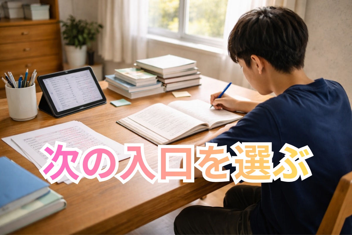中学生が整理された学習環境で次の一歩を始めようとしている様子