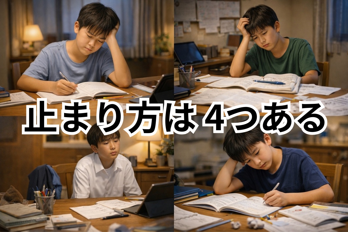 中学生の成績停滞が4つのタイプに分かれることを示すイメージ