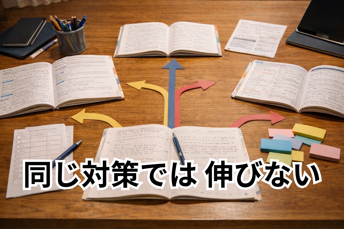 中学生の成績停滞には同じ対策が当てはまらないことを示す机上イメージ