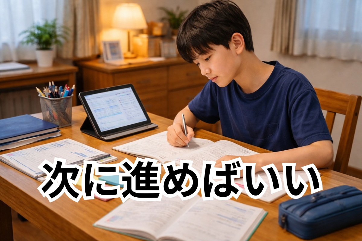 中学生が原因を整理した後に次の勉強へ進み始めるイメージ