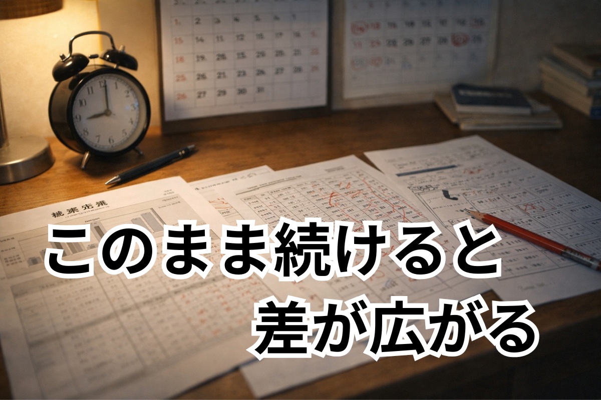時間の経過とともに成績停滞の影響が広がっていく学習机のイメージ