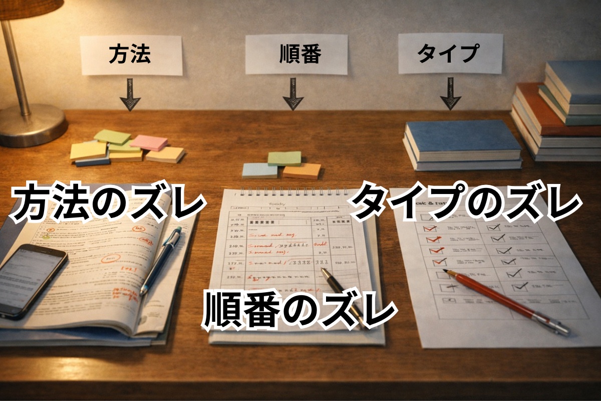 成績が伸びない原因が複数あり整理が必要なことを表した学習机のイメージ