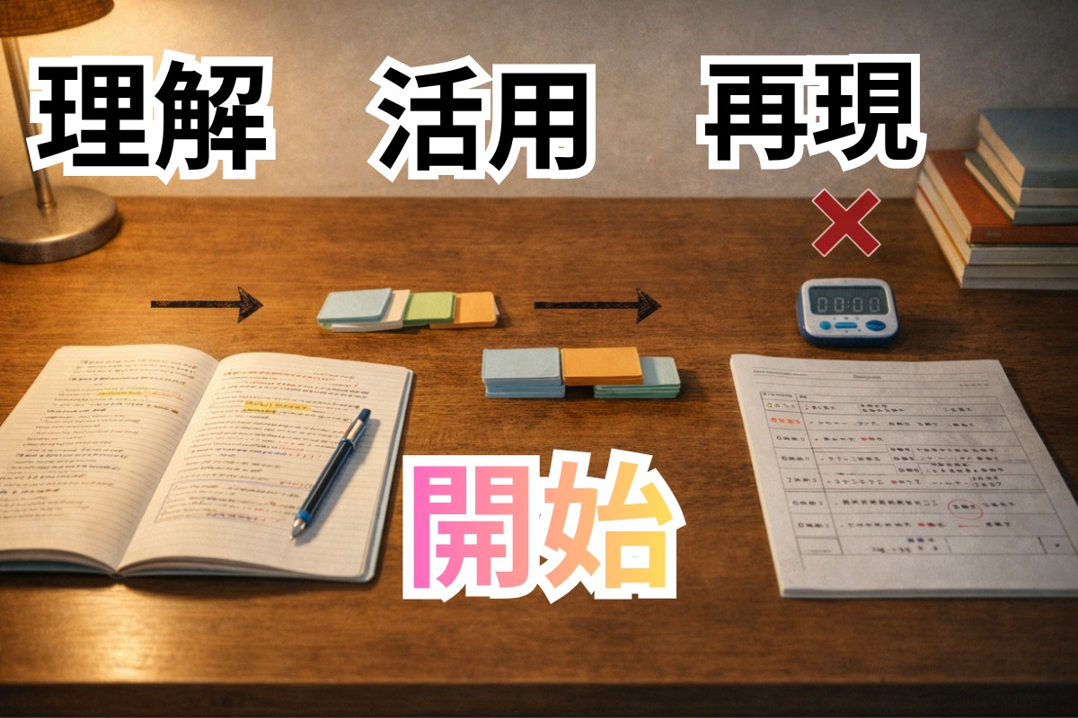 学習の工程ごとに止まる場所が違うことを表した学習机のイメージ