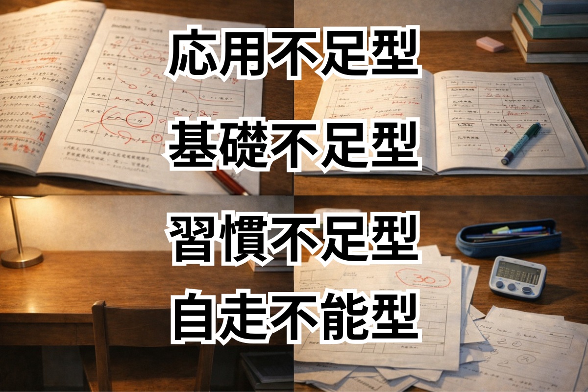 中学生の成績停滞が4つのタイプに分かれることを表した比較イメージ