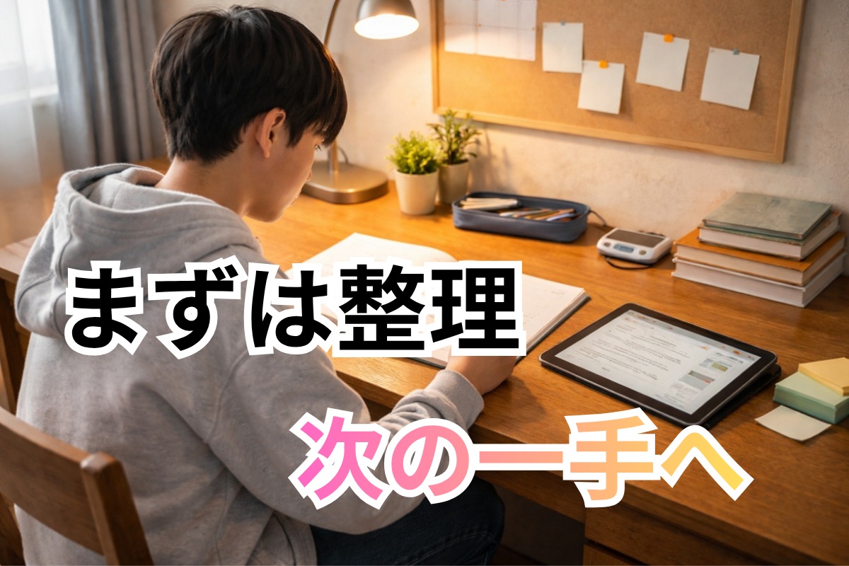 整理された学習環境で中学生が次の一歩を始めようとしている様子